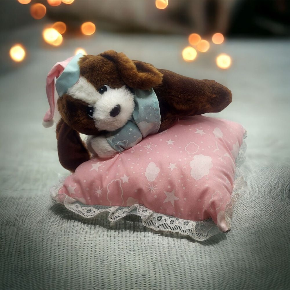 1993 Giftco Goodnight Brown Puppy On Pillow Blue/Pink Pastel Plush 7”